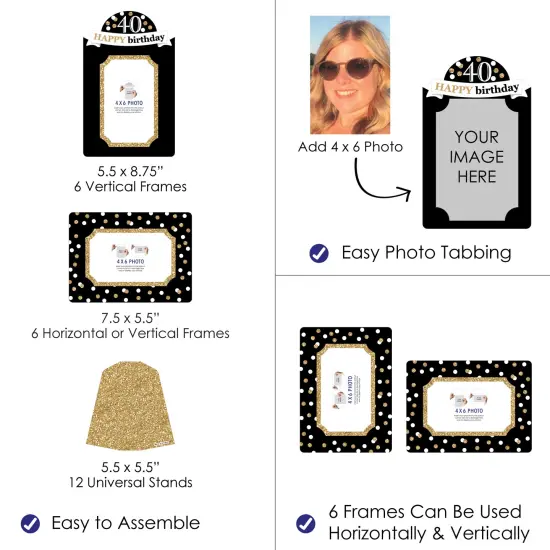 Big Dot of Happiness Adult 40th Birthday - Gold - Birthday Party 4x6 Picture Display - Paper Photo Frames - Set of 12 {4}