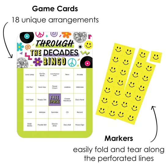 Big Dot of Happiness Through the Decades - Bingo Cards and Markers - 50s, 60s, 70s, 80s, and 90s Party Bingo Game - Set of 18 {3}
