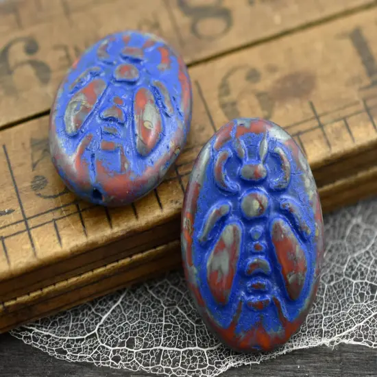*4* 22x18mm Blue Washed Burnt Orange Picasso Bumblebee Oval Beads {4}