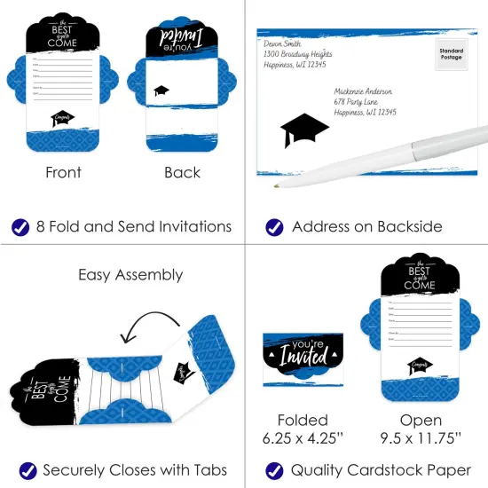 Big Dot of Happiness Blue Grad - Best is Yet to Come - Fill-In Cards - Royal Blue Graduation Party Fold and Send Invitations - Set of 8 {4}