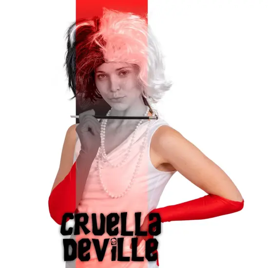 Black and White Wig - Cruel Lady Half and Half Wavy Costume Wig for Adults and Kids {2}