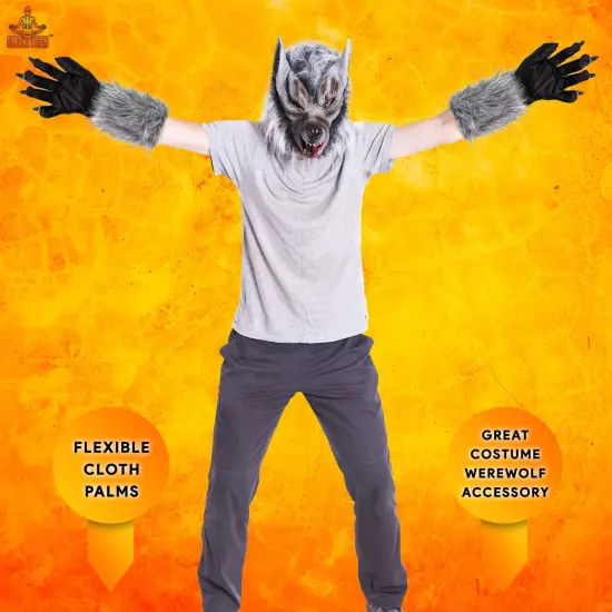 Werewolf Hand Costume Gloves - Grey Hairy Wolf Claw Hands Paws Monster Costume Accessories for Kids and Adults {2}