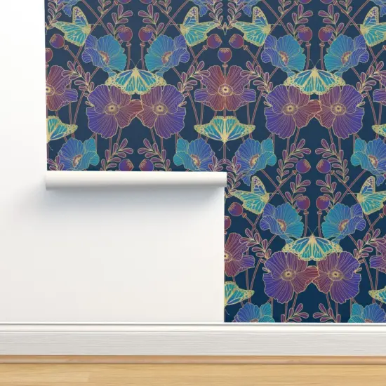 Pre-Pasted Wallpaper 2FT Wide Jewel Tone Poppies Art Nouveau Poppy And Butterfly Blue Aqua Purple Large Scale Floral Custom Pre-pasted Wallpaper by Spoonflower {2}
