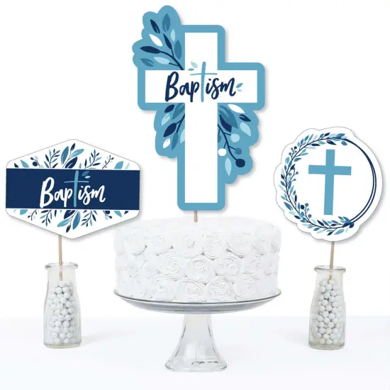 Big Dot of Happiness Baptism Blue Elegant Cross - Boy Religious Party Centerpiece Sticks - Table Toppers - Set of 15 {4}