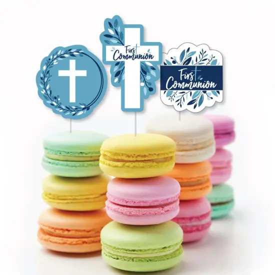 Big Dot of Happiness First Communion Blue Elegant Cross - Dessert Cupcake Toppers - Boy Religious Party Clear Treat Picks - Set of 24 {6}