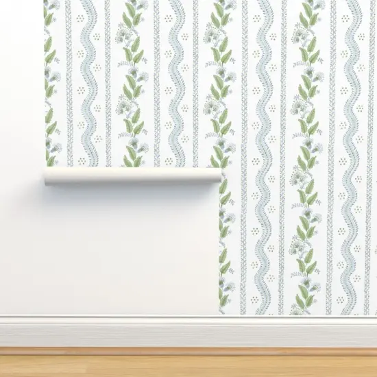Pre-Pasted Wallpaper 2FT Wide Regency Floral Folk Art Light Blue Leaves Flower Vine Traditional Watercolor Custom Pre-pasted Wallpaper by Spoonflower {2}