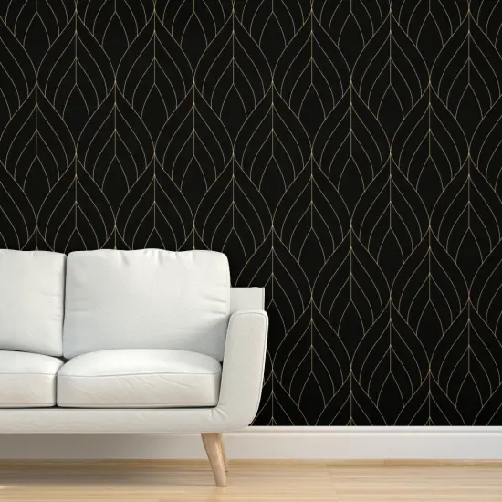 Pre-Pasted Wallpaper 2FT Wide Art Deco Blossoms Chic Modern Elegant Jazz Gold Black Custom Pre-pasted Wallpaper by Spoonflower {5}