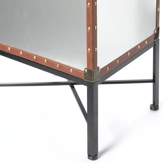 Faux Leather Trimmed Lockable Square Lined Storage Trunk, End Table on Metal Stand Silver {12}
