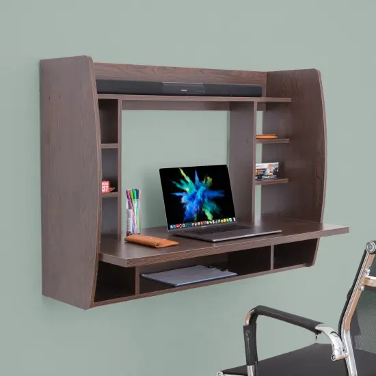 Versatile Wall Mount Floating Computer Desk - Stylish and Space-Saving Writing Study Table with Shelves - Ideal for Living Room, Bedroom, and Home Office Brown {3}