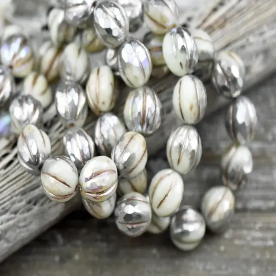 *12* 10mm Metallic Beige Washed Silvered Ivory Faceted Round Melon Beads {5}