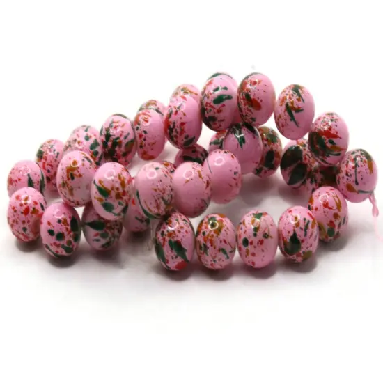 40 10mm Pink with Red and Green Splatter Paint Smooth Round Glass Beads {2}