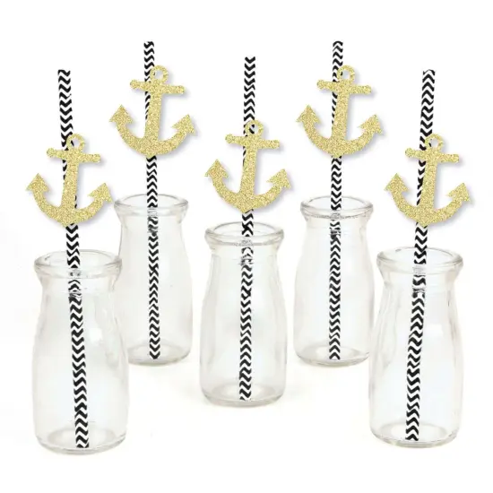 Big Dot of Happiness Gold Glitter Anchor Party Straws - No-Mess Real Gold Glitter Cut-Outs and Decorative Nautical Party Paper Straws - Set of 24 {3}