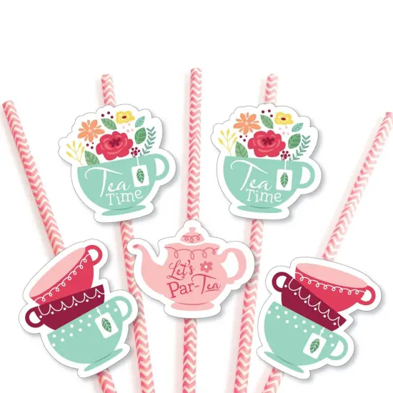 Big Dot of Happiness Floral Let's Par-Tea - Paper Straw Decor - Garden Tea Party Striped Decorative Straws - Set of 24 {7}