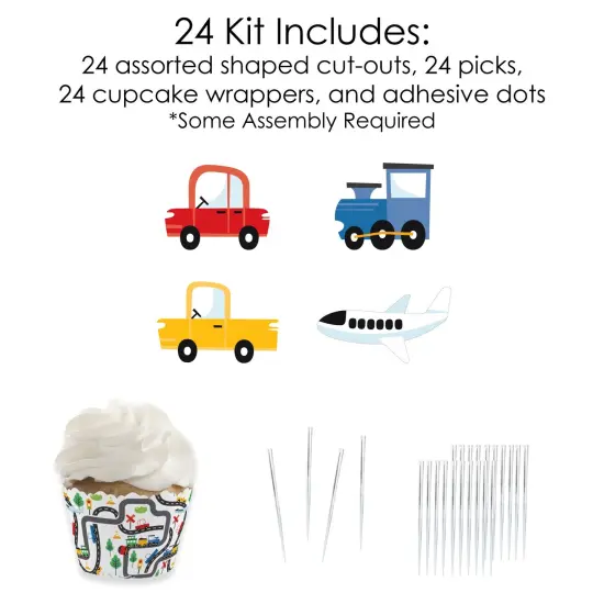 Big Dot of Happiness Cars, Trains, and Airplanes - Cupcake Decoration - Transportation Birthday Party Cupcake Wrappers and Treat Picks Kit - Set of 24 {4}