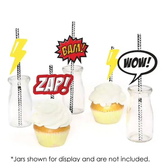 Big Dot of Happiness Bam Superhero Paper Straw Decor - Baby Shower or Birthday Party Striped Decorative Straws - Set of 24 {6}