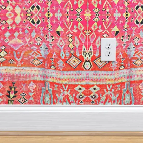 Pre-Pasted Wallpaper 2FT Wide Tropical Orange Pink Moroccan Style Turkish Inspired Kilim Boho Sunset Custom Pre-pasted Wallpaper by Spoonflower {4}