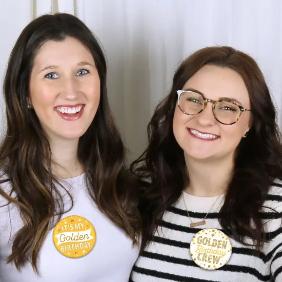 Big Dot of Happiness Golden Birthday - 3 inch Happy Birthday Party Badge - Pinback Buttons - Set of 8 {6}