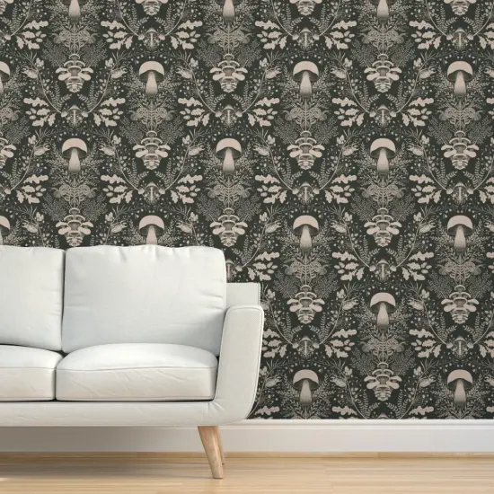 Peel & Stick Wallpaper 2FT Wide Neutral Woodland Dark Green Cream Beige Forest Damask Mushroom Gray Custom Removable Wallpaper by Spoonflower {5}