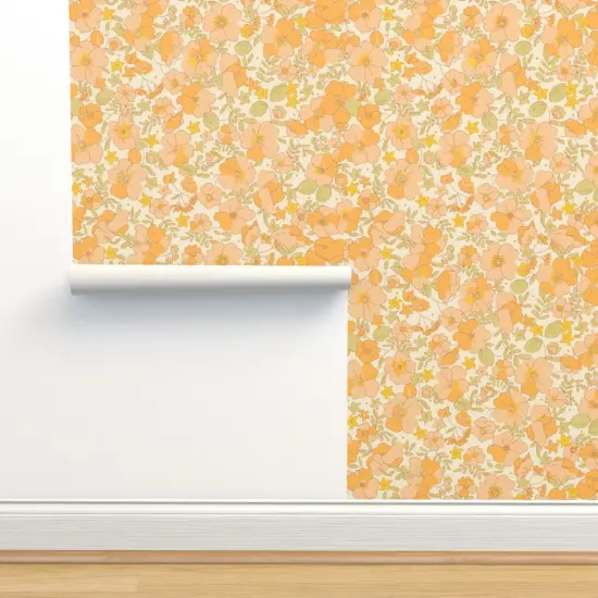 Pre-Pasted Wallpaper 2FT Wide 1970S Floral Yellow Flowers Peach 70S Nursery Sunny Blooming Bohemian Pattern Illustrated Flower Power Custom Pre-pasted Wallpaper by Spoonflower {2}