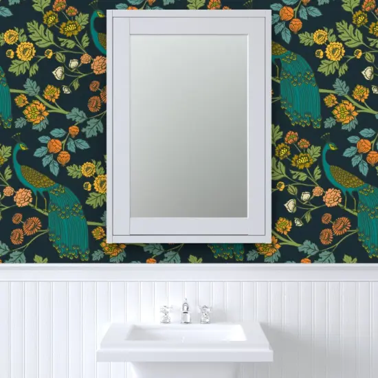 Pre-Pasted Wallpaper 2FT Wide Chinoiserie Emerald Peacock Garden Rococo Morris Peacock Bird Art Nouveau Peacocks European Custom Pre-pasted Wallpaper by Spoonflower {6}