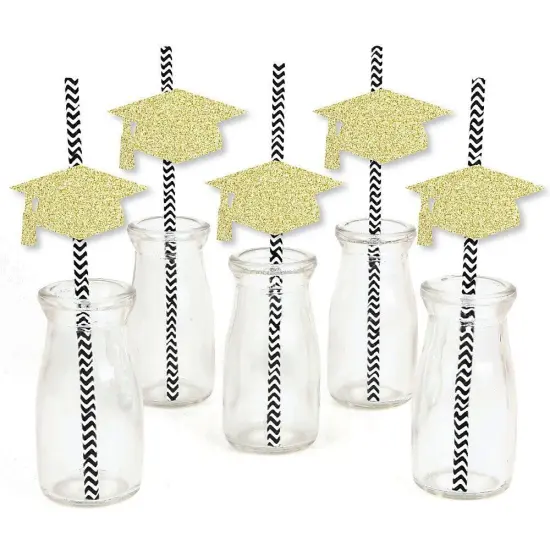 Big Dot of Happiness Gold Glitter Grad Cap Party Straws - No-Mess Real Gold Glitter Cut-Outs & Decorative Graduation Party Paper Straws - Set of 24 {3}