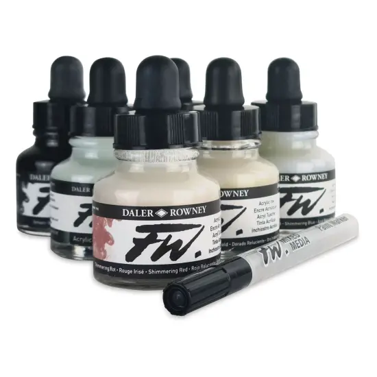 Daler-Rowney FW Acrylic Water-Resistant Artists Ink - 1 oz, Shimmer Colors, Set of 6 with Empty Marker {1}