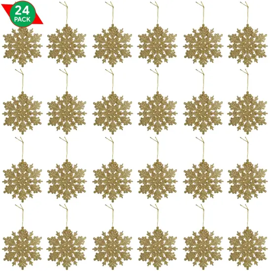 Ornativity Glitter Snowflake Ornaments - Holiday Wedding Plastic Sparkling Hanging Snowflakes Pack of 24 Gold {1}