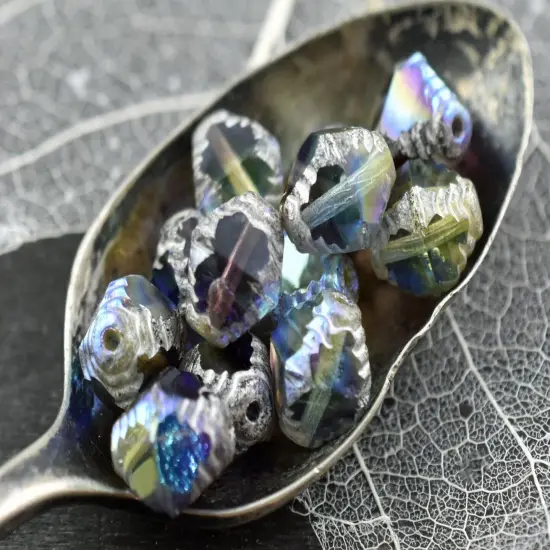 *15* 10x8mm Etched Silver Washed Amethyst Sapphire Jonquil Faceted Bicone Beads {3}