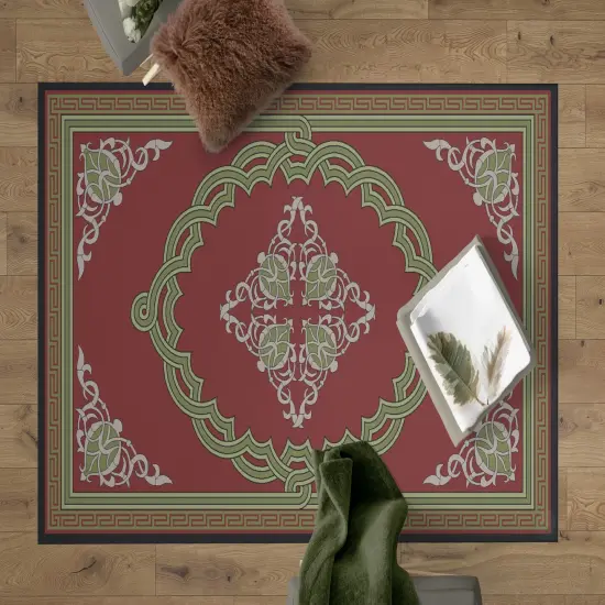 Deerlux Transitional Living Room Area Rug with Nonslip Backing, Red Medallion Pattern {1}