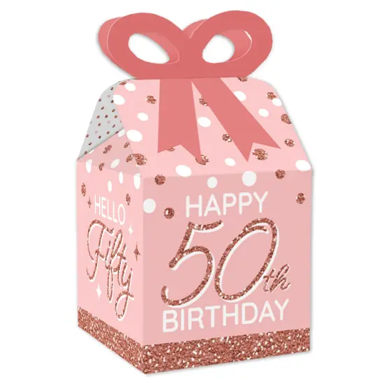 Big Dot of Happiness 50th Pink Rose Gold Birthday - Square Favor Gift Boxes - Happy Birthday Party Bow Boxes - Set of 12 {1}