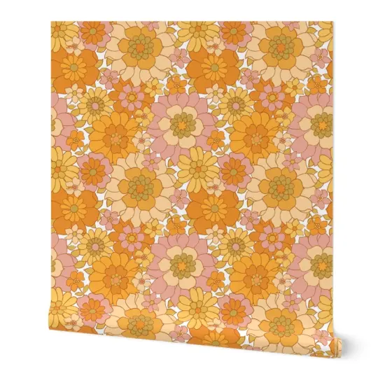 Peel & Stick Wallpaper 2FT Wide 1970S Floral Orange Retro Flowers Vintage Boho 1960S Flower Power Bright Sunny Groovy Custom Removable Wallpaper by Spoonflower {7}