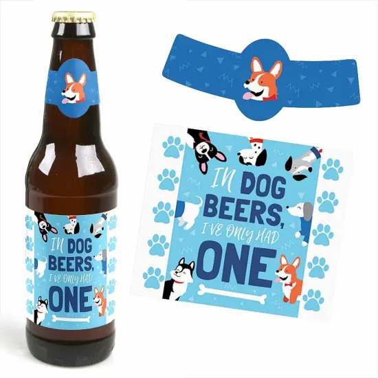 Big Dot of Happiness Pawty Like a Puppy - Dog Baby Shower or Birthday Party Decorations for Women and Men - 6 Beer Bottle Label Stickers and 1 Carrier {4}