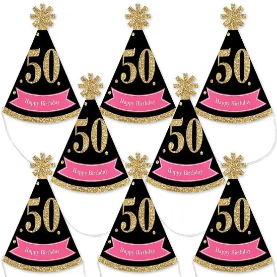 Big Dot of Happiness Chic 50th Birthday - Pink, Black and Gold - Mini Cone Birthday Party Hats - Small Little Party Hats - Set of 8 {1}
