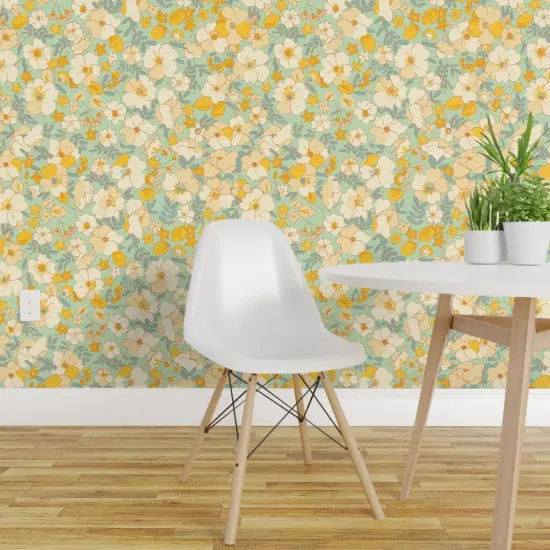 Peel & Stick Wallpaper 2FT Wide Vintage Style Floral Butter Yellow Flower Retro 1970S Custom Removable Wallpaper by Spoonflower {1}
