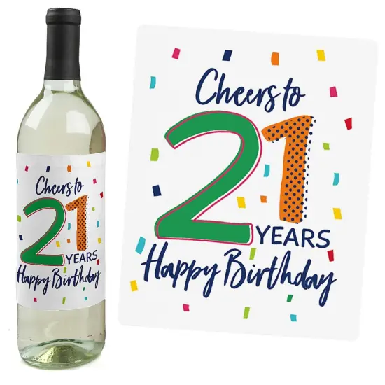 Big Dot of Happiness 21st Birthday - Cheerful Happy Birthday - Colorful Twenty-First Birthday Party Decor - Wine Bottle Label Stickers - Set of 4 {3}