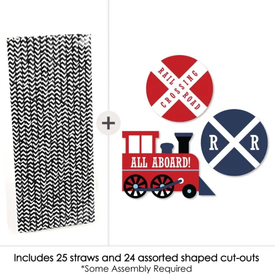 Big Dot of Happiness Railroad Party Crossing - Paper Straw Decor - Steam Train Birthday Party or Baby Shower Striped Decorative Straws - Set of 24 {4}
