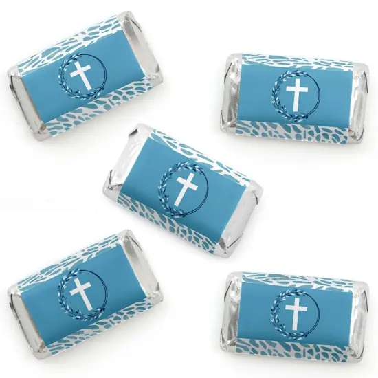 Big Dot of Happiness Blue Elegant Cross - Mini Candy Bar Wrapper Stickers - Boy Religious Party Small Favors - 40 Count {1}