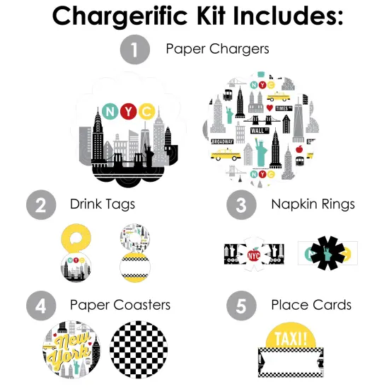 Big Dot of Happiness NYC Cityscape - New York City Party Paper Charger and Table Decorations - Chargerific Kit - Place Setting for 8 {4}