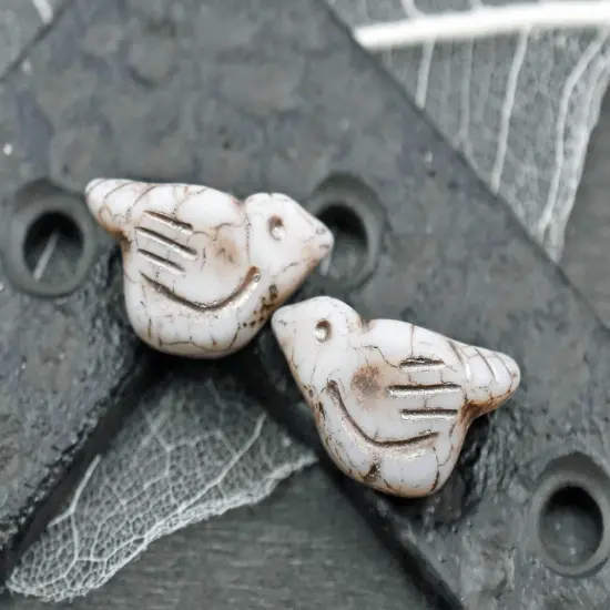 *6* 11x22mm Metallic Beige Washed MatteOpaque Winter White Bird Beads {3}