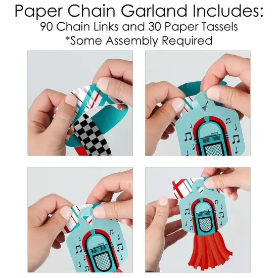 Big Dot of Happiness 50's Sock Hop - 90 Chain Links and 30 Paper Tassels Decoration Kit - 1950s Rock N Roll Party Paper Chains Garland - 21 feet {6}