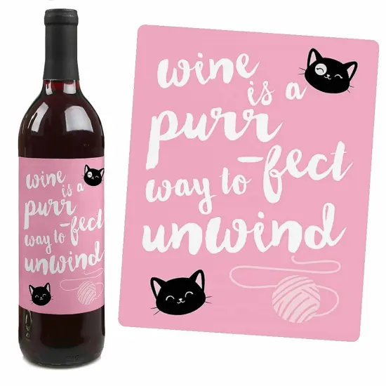 Big Dot of Happiness Purr-fect Kitty Cat - Kitten Meow Birthday Party Decorations for Women and Men - Wine Bottle Label Stickers - Set of 4 {4}