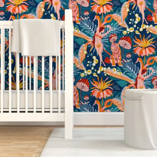 Pre-Pasted Wallpaper 2FT Wide Maximalist Tropical Surrealism Jungle Flowers Woman Dancer Coral Tiger Custom Pre-pasted Wallpaper by Spoonflower {7}
