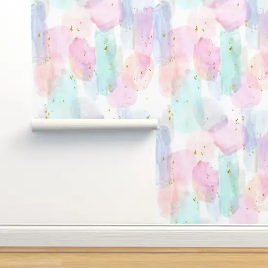 Pre-Pasted Wallpaper 2FT Wide Rainbow Stars Watercolor Abstract Gold Pastel Girl Hippie Custom Pre-pasted Wallpaper by Spoonflower {2}