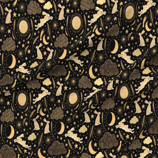Various Fabrics by the Yard or Fat Quarter Black Rabbit Stars Clouds Gold Wheat Night Sky Harvest Moon Crescent Shooting Star Hares Comet Custom Printed Fabric by Spoonflower {6}