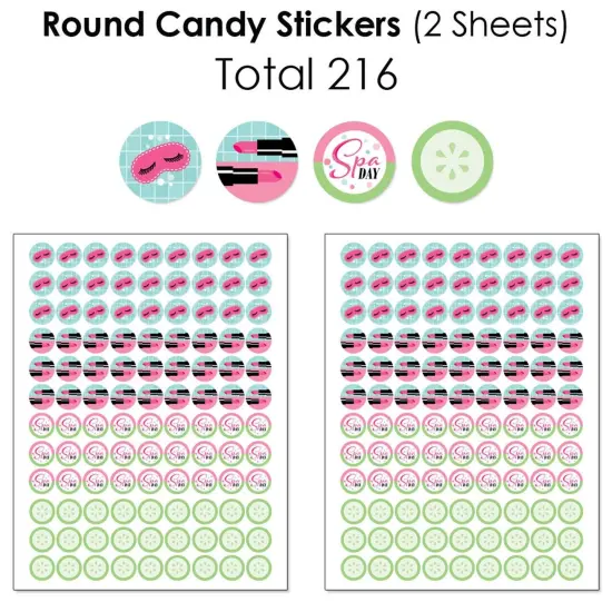 Big Dot of Happiness Spa Day - Mini Candy Bar Wrappers, Round Candy Stickers & Circle Stickers - Girls Makeup Party Candy Favor Sticker Kit - 304 Pcs {6}