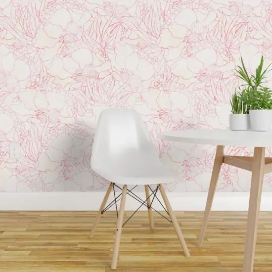Peel & Stick Wallpaper 2FT Wide Pink Flower Floral Blossom Outline Peony Botanical Light Pat Custom Removable Wallpaper by Spoonflower {1}