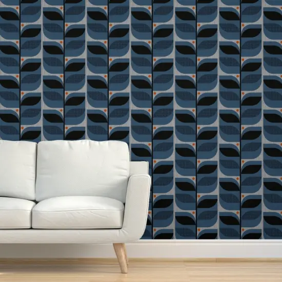 Peel & Stick Wallpaper 2FT Wide Mod Leaves Faux Textures Look Large Scale Denim Blue Retro Inspired Atomic Era 1950S 1960S Custom Removable Wallpaper by Spoonflower {5}