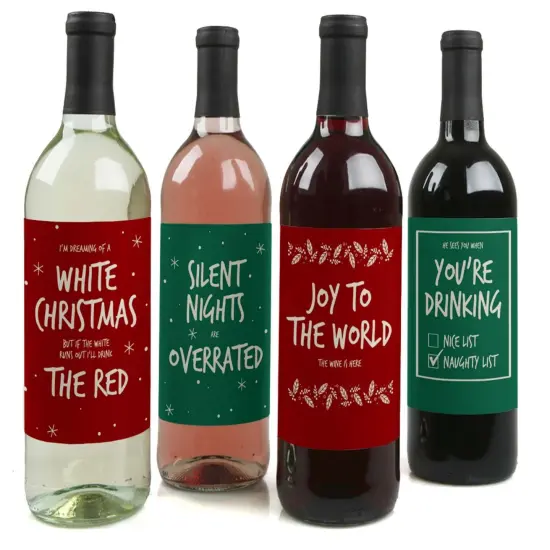Big Dot of Happiness Red and Green Christmas - Holiday Decorations for Women and Men - Wine Bottle Label Stickers - Set of 4 {1}