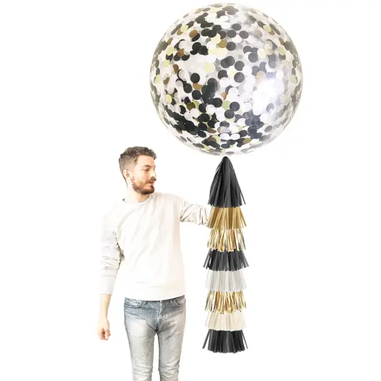 Jumbo Confetti Balloon & Tassel Tail - Black, White & Gold {2}