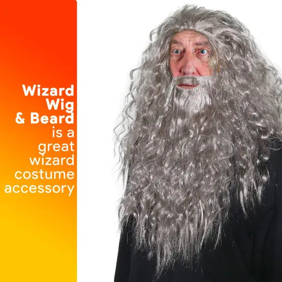 Grey Wig and Beard - Long Gray Wizard Wig and Beard Costume Accessory for Adults and Kids {2}